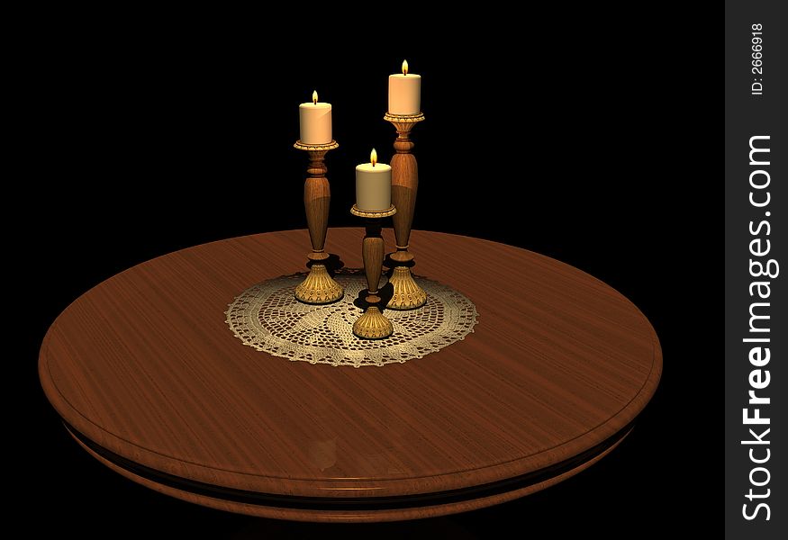 The warm glow of candlelight is softly reflected on this walnut tabletop. Computer Generated Image, 3D models. The warm glow of candlelight is softly reflected on this walnut tabletop. Computer Generated Image, 3D models.