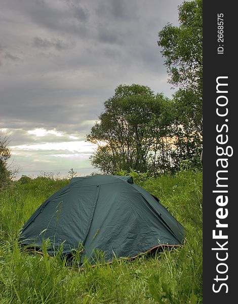 Tourist tent under morning sky