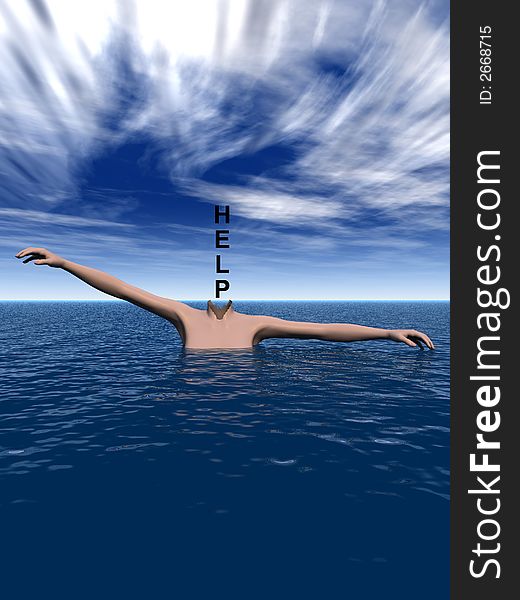 A conceptual image of a person with the word help replacing its head whilst drowning. A conceptual image of a person with the word help replacing its head whilst drowning.