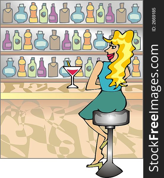 Art illustration: blond girl in a bar