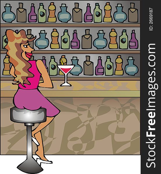Art illustration: a brunet girl in a bar