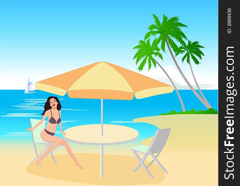 Attractive girl on exotic beach - vector. Attractive girl on exotic beach - vector