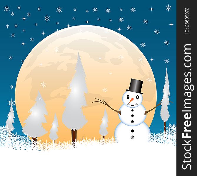 Snowman in a full moon night background