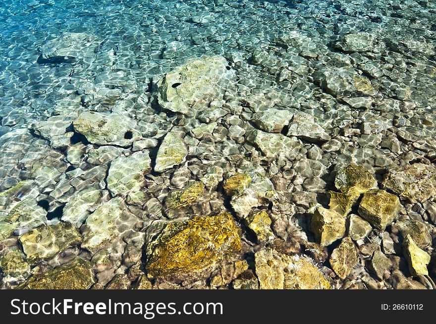 Clear, transparent water on Croatian coast with stones and black urchins. Clear, transparent water on Croatian coast with stones and black urchins