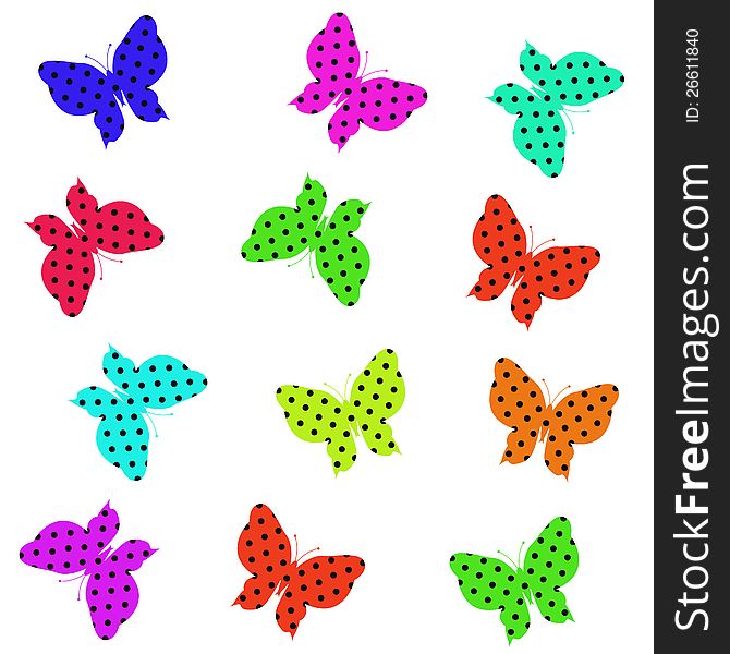 Multicolored butterflies on a white background, vector