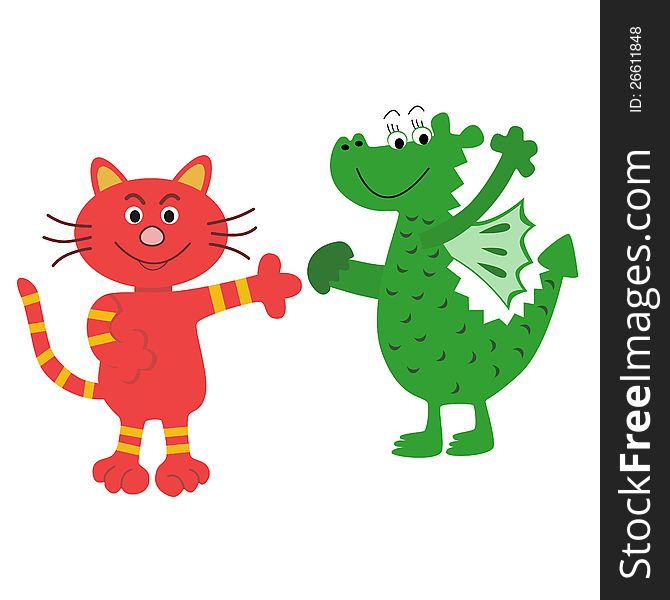 Cat and dragon, funny friends, vector. Cat and dragon, funny friends, vector