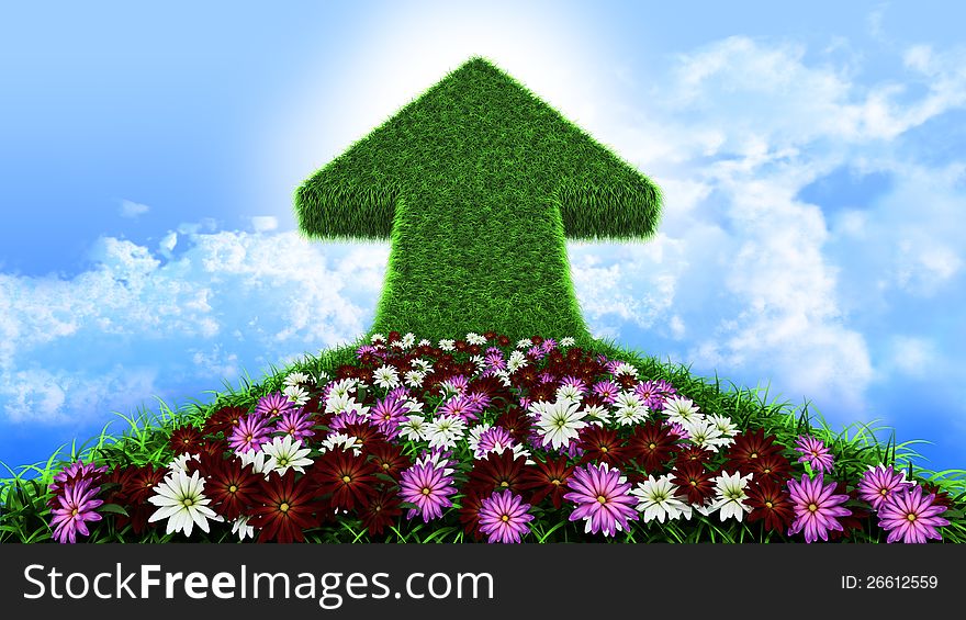 Arrow from grass way, with flowers and sky, ecologic symbol