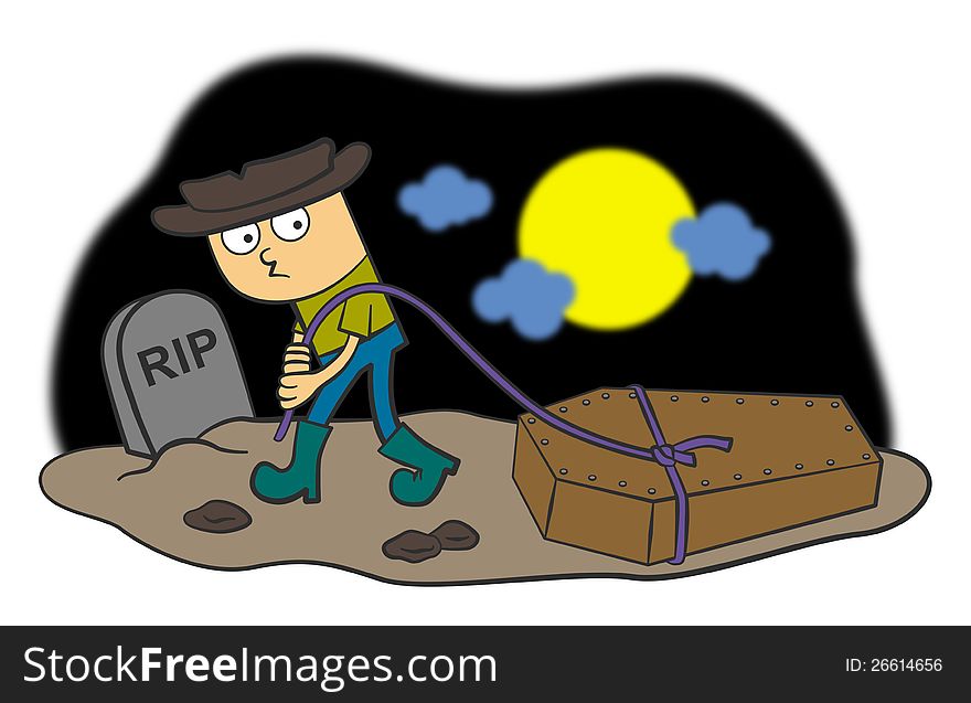 Illustration of a funny looking cartoon character pulling a rope with a coffin attached to it. Illustration of a funny looking cartoon character pulling a rope with a coffin attached to it