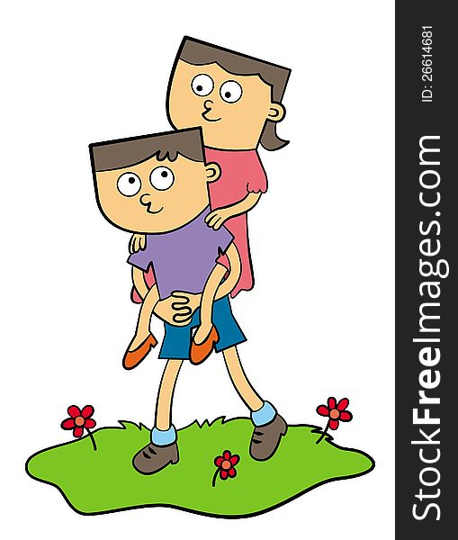 A cute illustration of a young man carrying a girl on his back. A cute illustration of a young man carrying a girl on his back