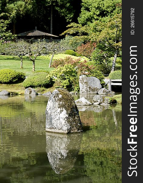 A picturesque Japanese garden with pond in summer time in Seattle.
