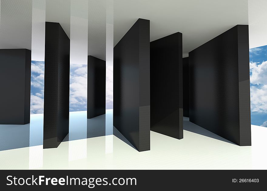 Abstract architecture with black partition and blue sky on background. Abstract architecture with black partition and blue sky on background