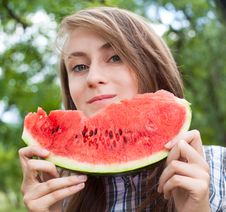 Woman And Watermelon Stock Photo