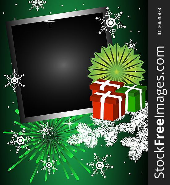 Winter greeting with present boxes, fir branch, green fireworks, snowflakes, green floral decoration and a black empty frame. Winter card. Winter greeting with present boxes, fir branch, green fireworks, snowflakes, green floral decoration and a black empty frame. Winter card