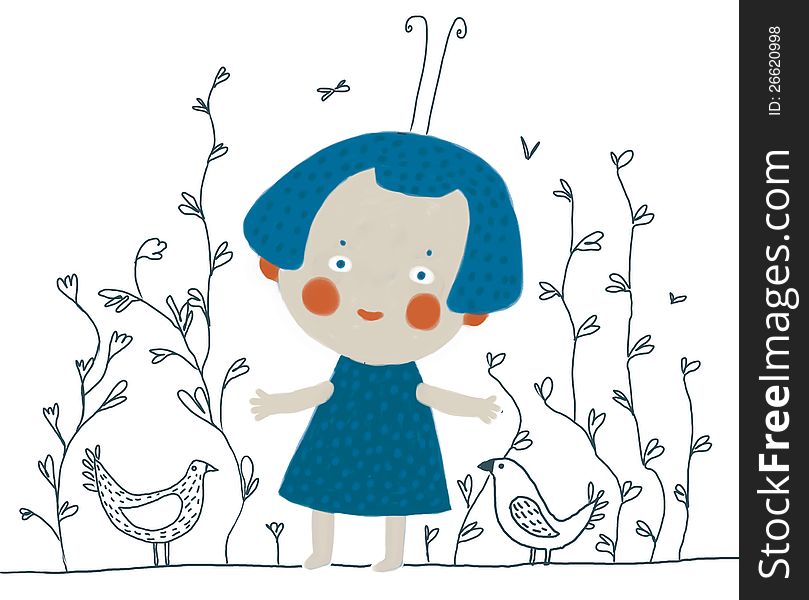 Cartoon Girl With Birds