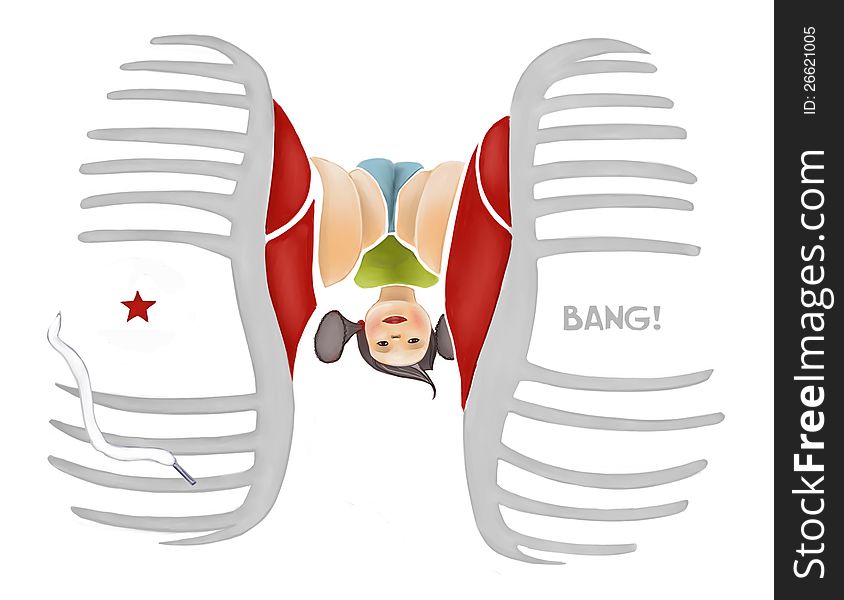 An illustration of a girl wearing red gym shoes seen from below.