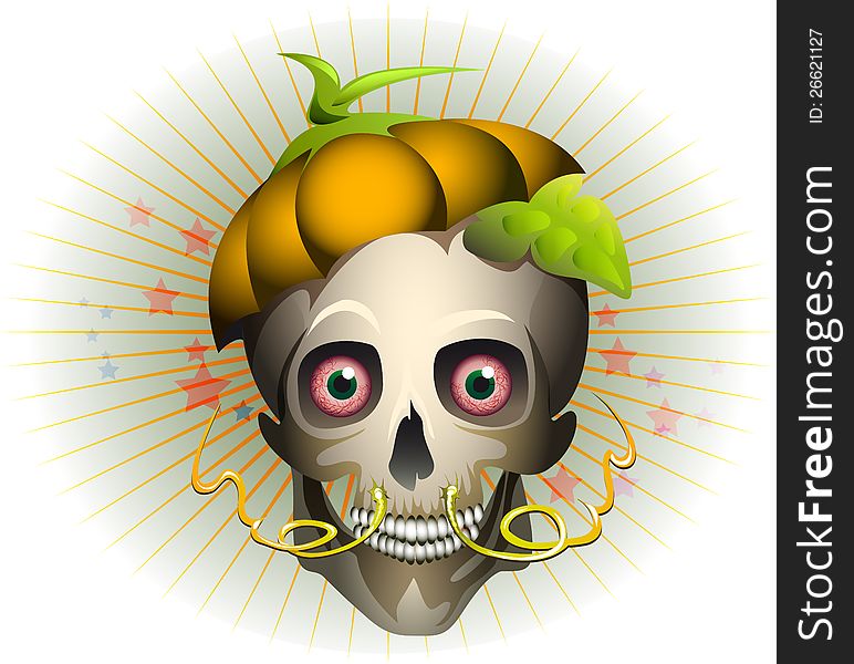 Human skull in pumpkin hat. Human skull in pumpkin hat