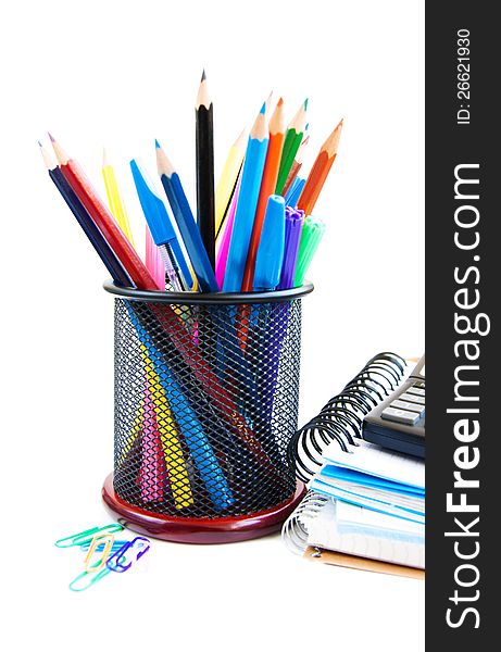Assortment of school supplies on a white background