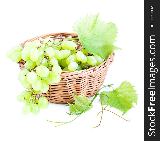 Basket with grape cluster with leaves on a white background