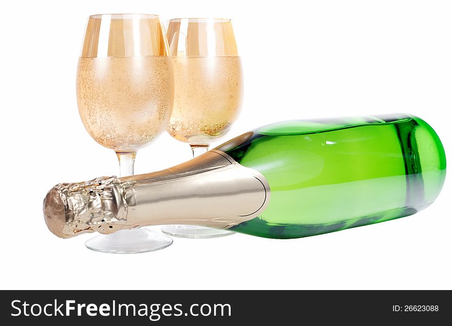 A bottle  and glasses on the isolated white background
