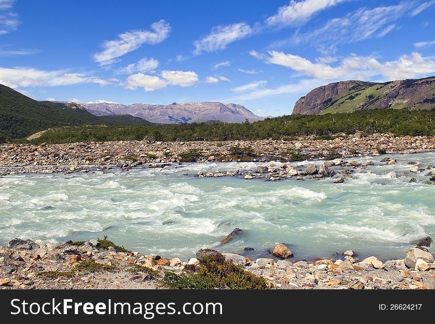 Cold turbulent river at the foot of Fitz Roy, Argentina