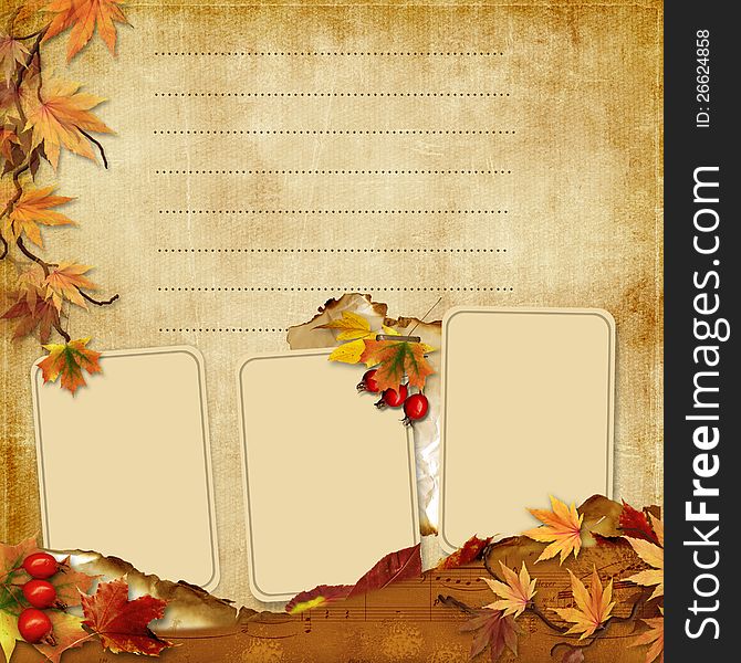 Victorian background with old photo-frame and autumn leaves. family album. Victorian background with old photo-frame and autumn leaves. family album