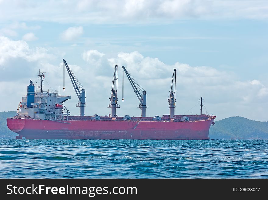 Vessel Cargo With Crane At Mid Of Sichang Island,