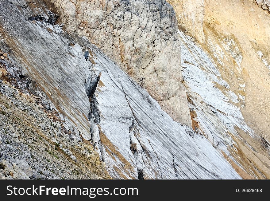 Crack in the glacier on the mountain slope in Caucasus State Biosphere Reserve