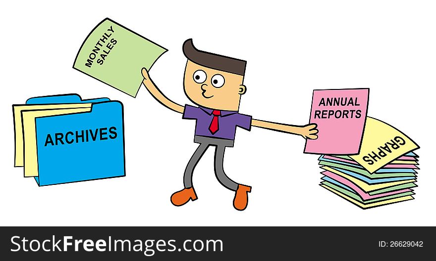 A cartoon character in office attire putting papers in a folder with archives word. A cartoon character in office attire putting papers in a folder with archives word