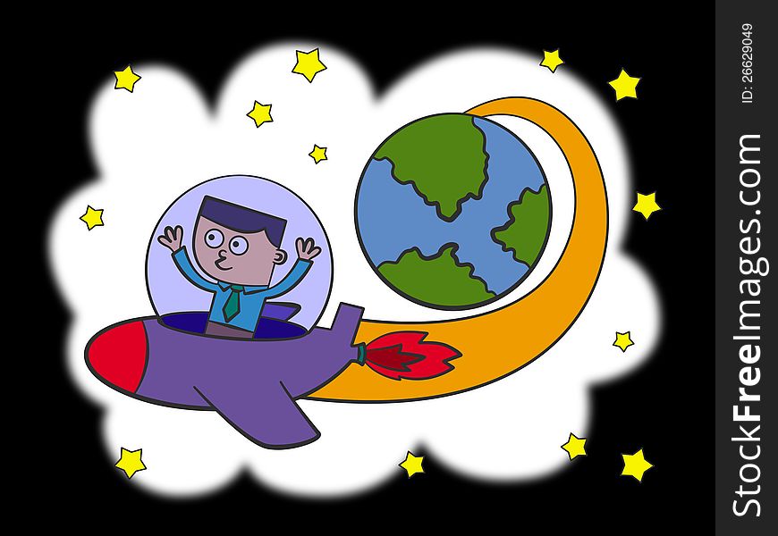 A business man riding a space ship and flying away from planet earth. A business man riding a space ship and flying away from planet earth