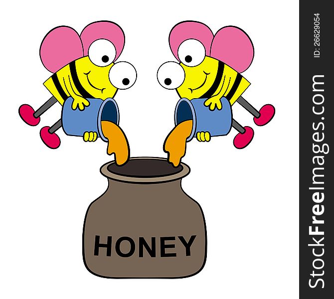Illustration of two cute bees putting honey in a honey jar. Illustration of two cute bees putting honey in a honey jar