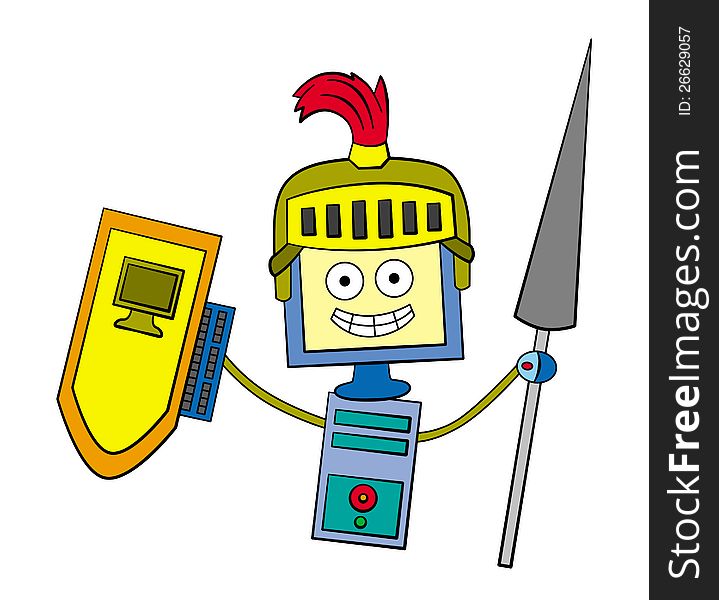 A humorous illustration of a computer with a knight's helmet, lance, and shield. A humorous illustration of a computer with a knight's helmet, lance, and shield