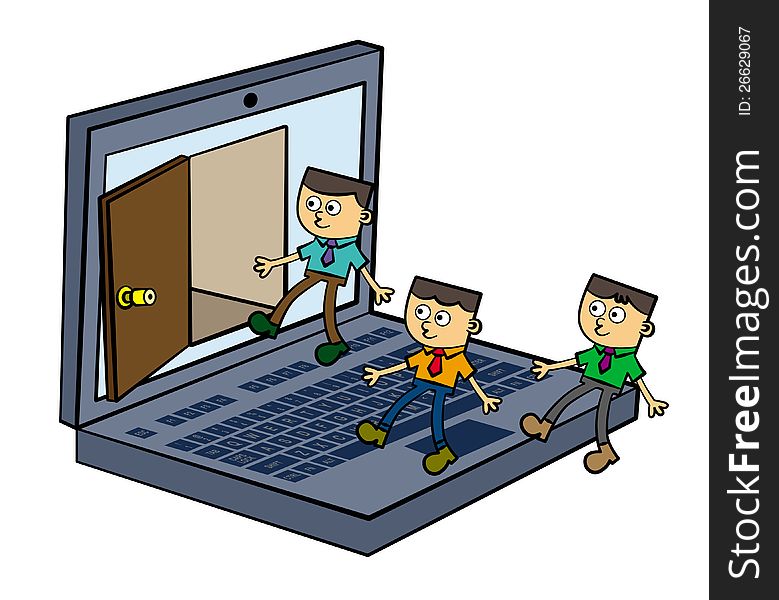 Three cartoon business men walking towards a door that opens from the screen of a laptop. Three cartoon business men walking towards a door that opens from the screen of a laptop