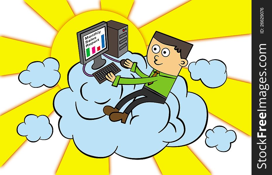 A smiling cartoon character working with a computer on a cloud. A smiling cartoon character working with a computer on a cloud