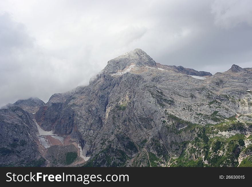 Mountain peak Fisht and glaciers in the mountains near Sochi