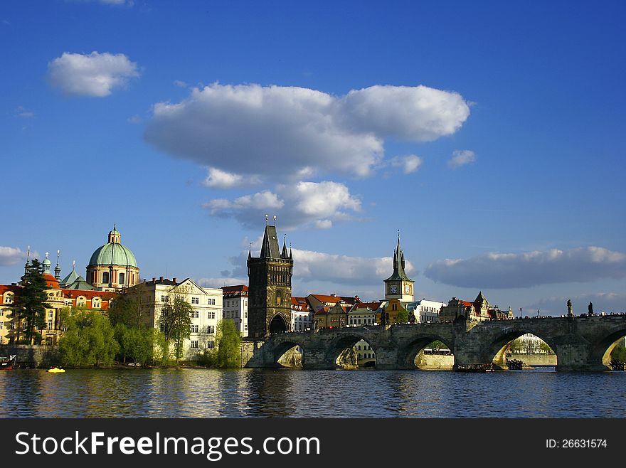 Prague city view with Vltava river and bridge