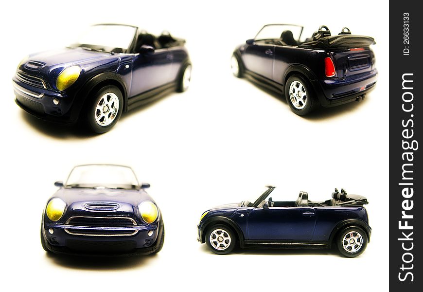 Blue sports car toy model in different views over white. Blue sports car toy model in different views over white