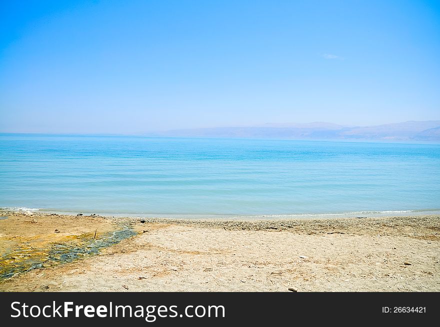 View on the empty beach of the Dead Sea. View on the empty beach of the Dead Sea