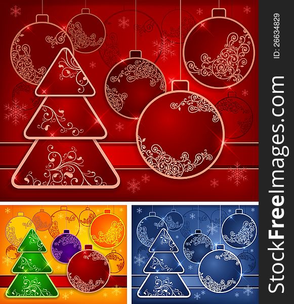 Christmas background with baubles and tree, vector illustration in red color