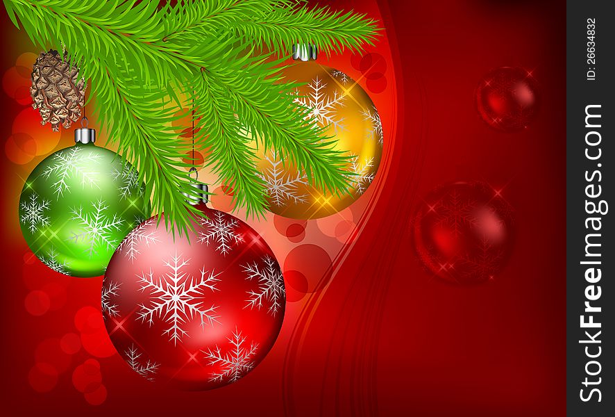 Baubles And Fir On Red Background