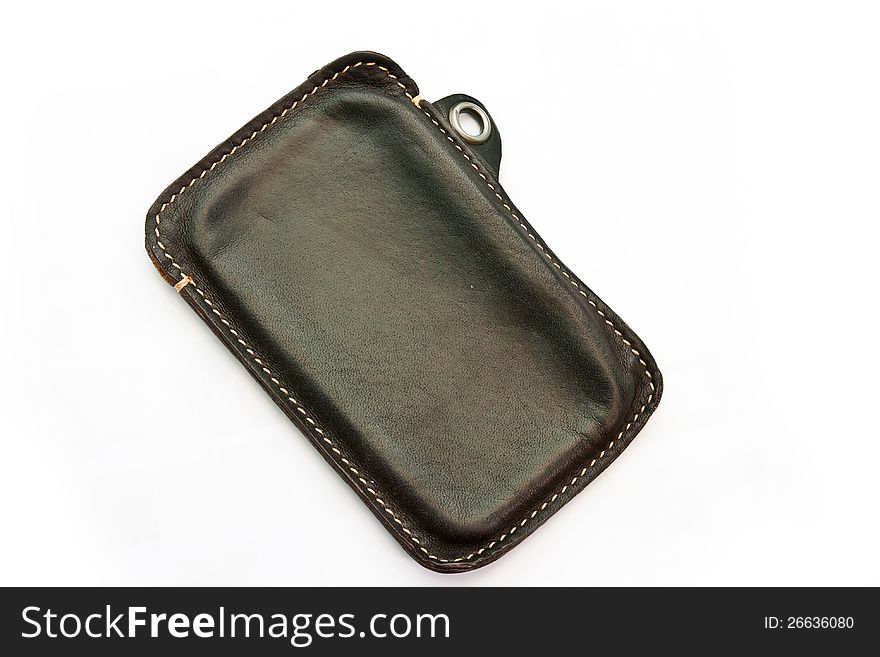 Leather case for smartphone on white background