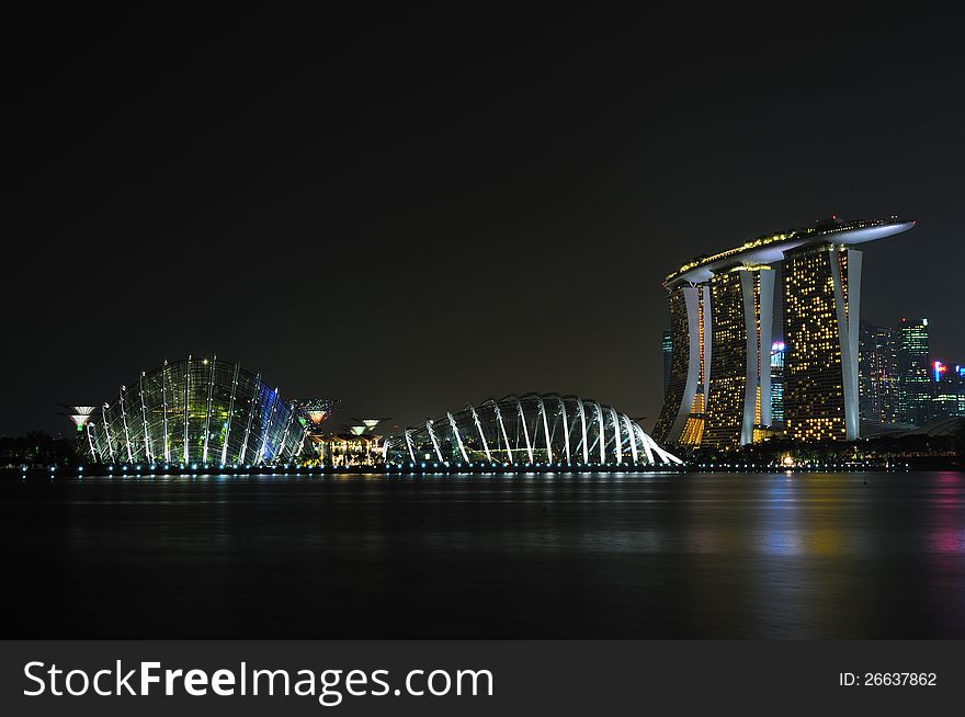 Singapore Night Scenery at Marina Bay with Gardens By The Bay, Marina Bay Sands and CBD