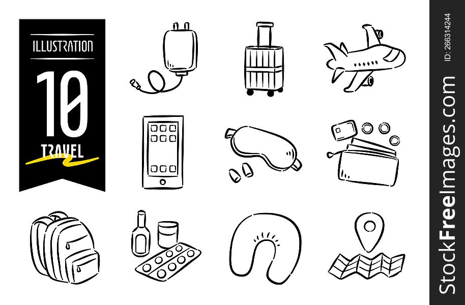 Set of 10 hand-drawn pop-style icon illustrations with travel motifs