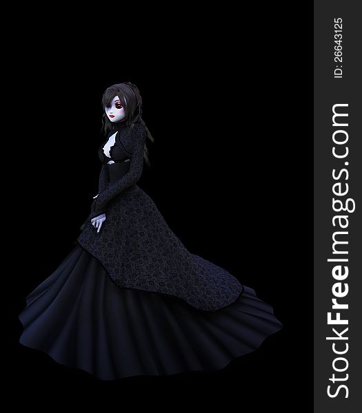3d rendered girl in black dress on back background. 3d rendered girl in black dress on back background.