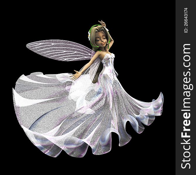 3d render of cute fairy in white glittering dress on black. 3d render of cute fairy in white glittering dress on black.