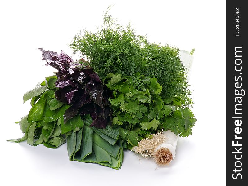 Heap of Fresh Onion, Leek, Parsley, Dill and Basil isolated on white background. Heap of Fresh Onion, Leek, Parsley, Dill and Basil isolated on white background