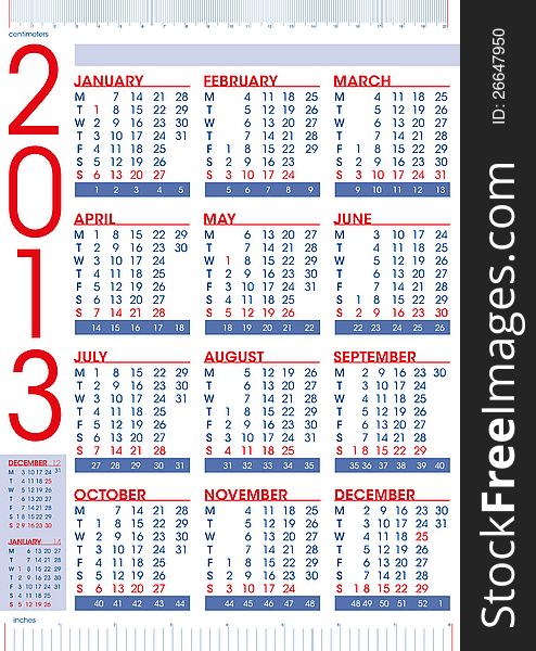 2013 calendar in english with rulers, blue and red colours