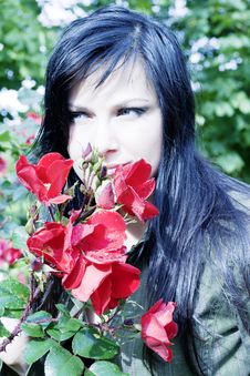 Beautiful Brunette Near Red Roses Stock Photo Beautiful Brunette Near Red Roses Stock Photo