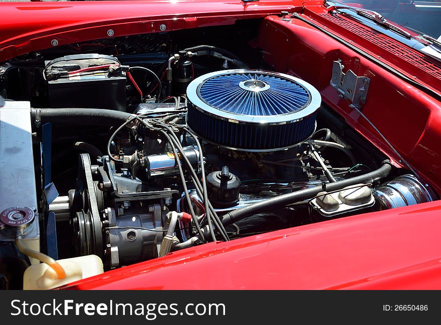 Classic restored car engine at a car show Georgia, USA.