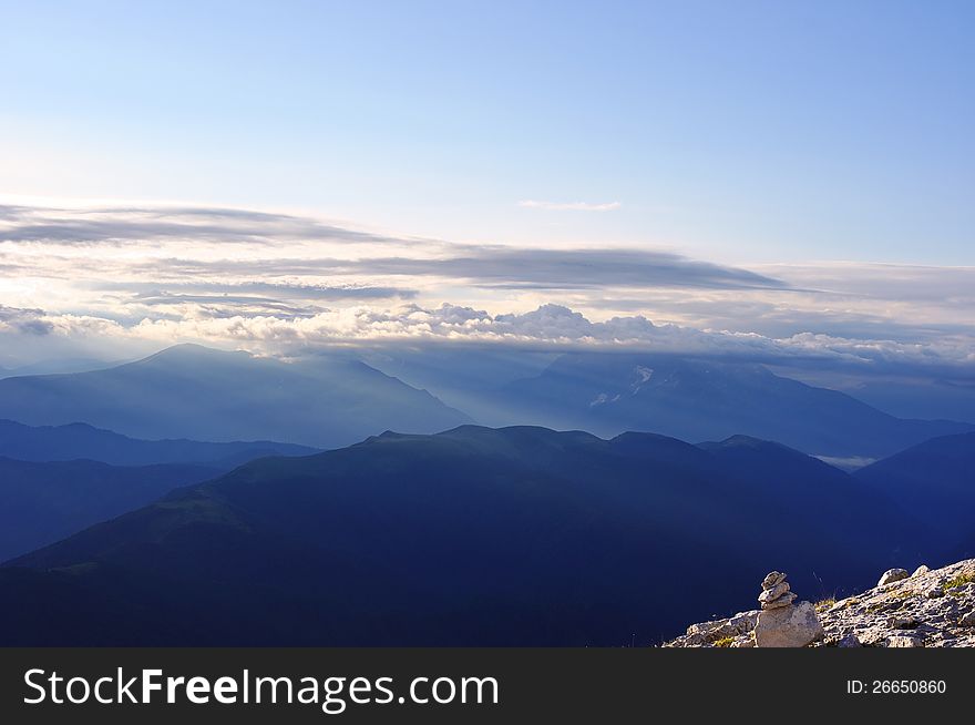 Sunrise in the mountains in Caucasus State Biosphere Reserve near Sochi. Sunrise in the mountains in Caucasus State Biosphere Reserve near Sochi.