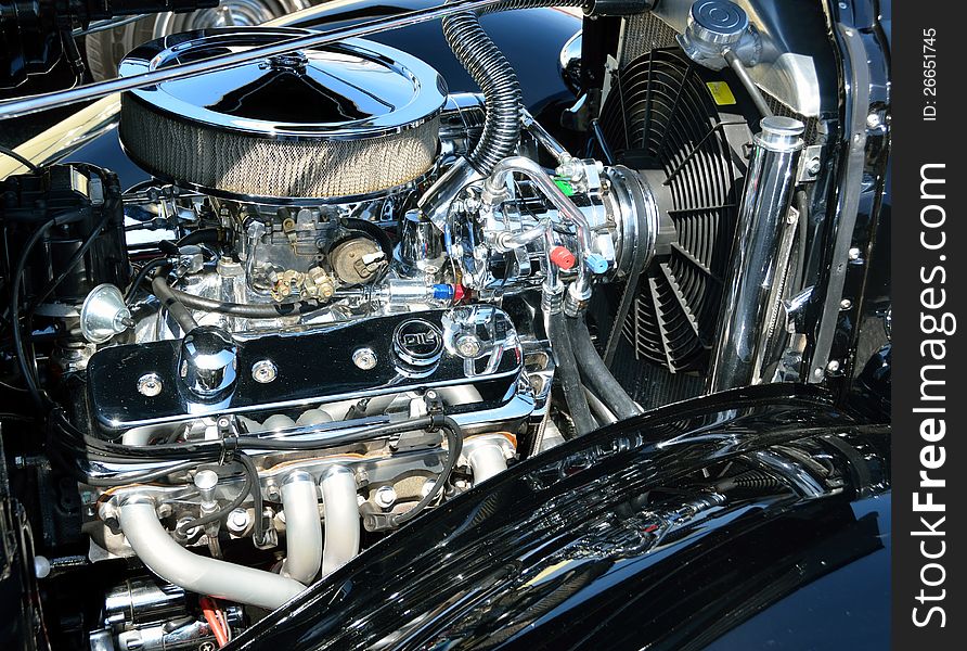 Classic restored car engine at a car show Georgia, USA.